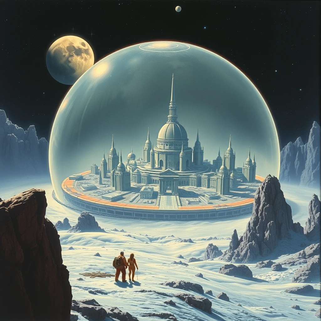 A futuristic city covered by a 10km diameter transparent dome, on the moon, as painted by Syd Mead.