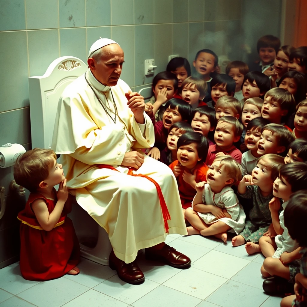 John Paul II sitting on the toilet and smoking crack, while a lot of children are crying around him. - Image