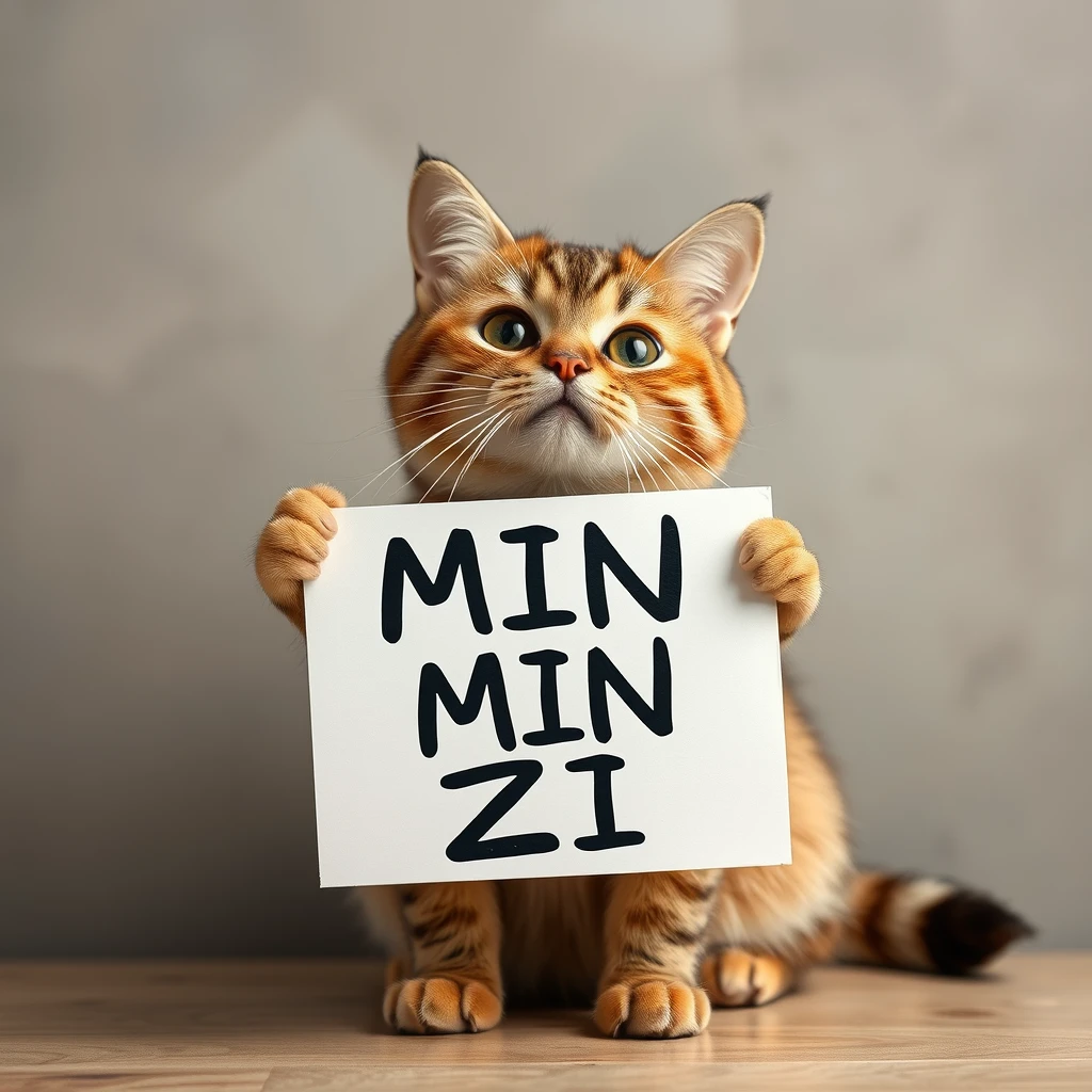 

a cat holding a sign that says min min zi