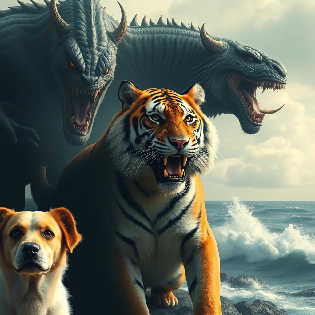 left is a dog, center is a tiger, left is a monster, background is sea