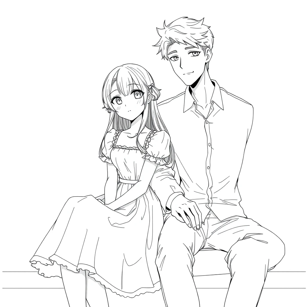 A young woman in a cute dress sitting with her tall and handsome boyfriend, very detailed anime line art. - Image