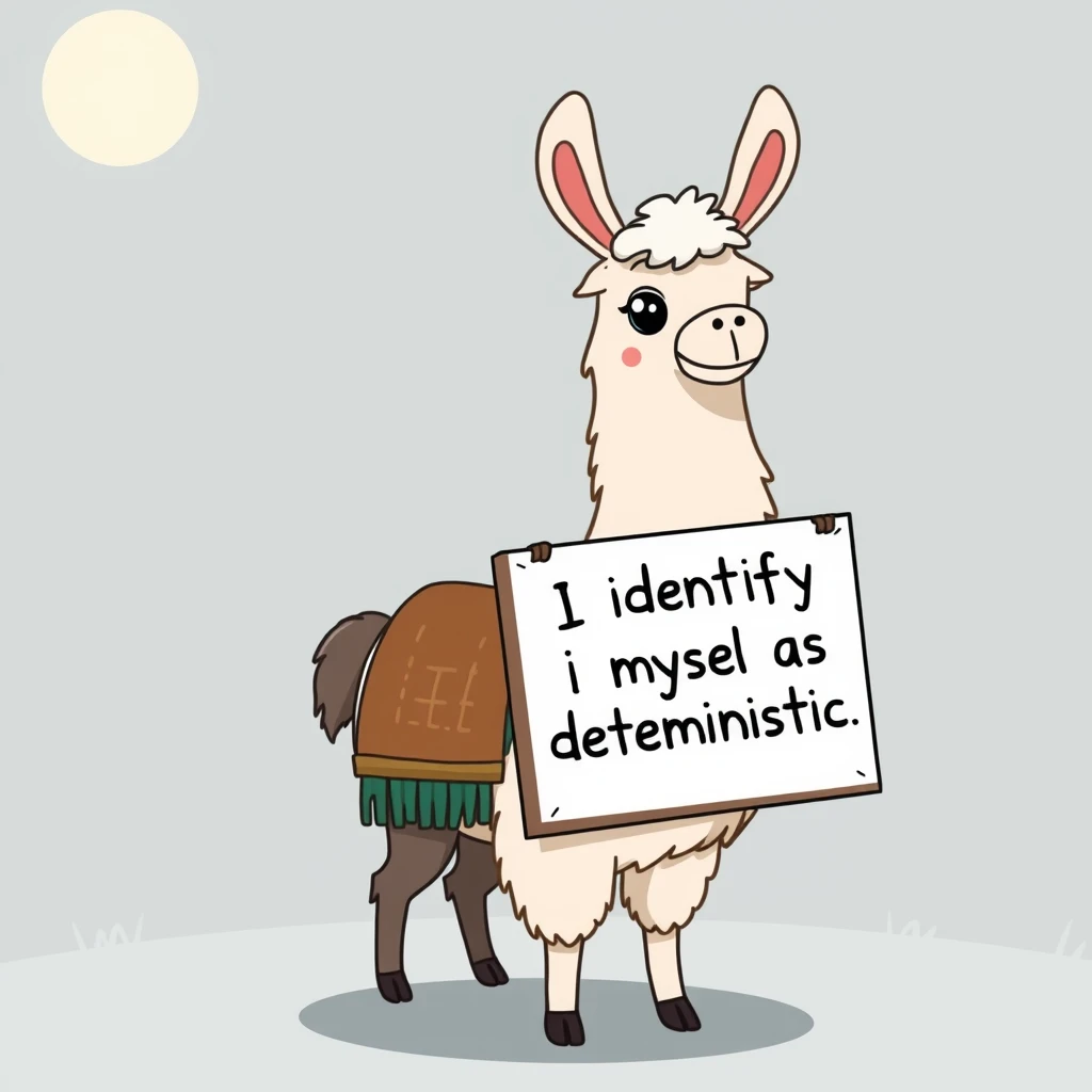 a cartoon llama with the sign board that reads that it identifies itself as "I identify myself as deterministic"