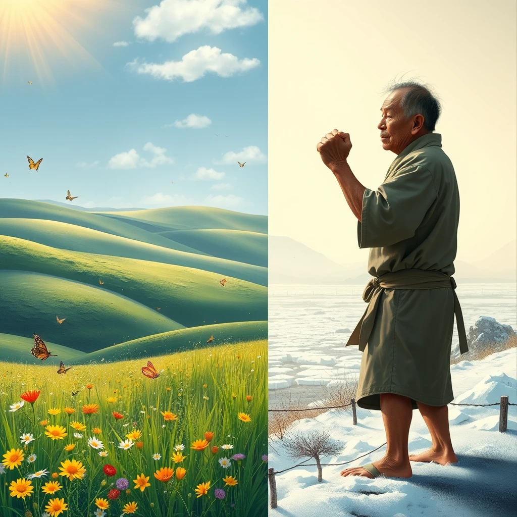 Background and Division:
The image is divided into two parts: left and right.

Left Side (Bright World):
Colors: Dominated by green, yellow, and gold, creating a vibrant spring atmosphere.
Elements: A lush grassland with clusters of flowers, colorful butterflies and bees fluttering about. In the distance, rolling hills and a light blue sky appear, with a few white clouds drifting leisurely. Golden sunlight hangs in the upper left corner, illuminating the land.

Right Side (Dark World):
Colors: Primarily gray and white, creating a cold, dim winter atmosphere.
Elements: A depiction of a desolate landscape covered in ice and snow, where snowflakes dance in the air, and cold winds howl, with the ground enveloped in thick snow. A frail middle-aged Chinese man stands in the dark world on the right, facing the bright world. His clothing is thin, and he appears weary, pounding his fists against the boundary between the two worlds. However, an invisible barrier separates the worlds, preventing him from reaching the bright world. He gazes longingly at the sunlight across the divide, revealing a yearning for light and a sense of despair.

Details and Atmosphere:
Light and Shadow Contrast: Enhance the contrast between the light and shadow of the two worlds to make the image more vivid and powerful.
Atmospheric Creation: Through the combined use of color, light and shadow, and elements, create a breathtaking visual effect that allows the audience to feel the persistence of humanity's pursuit of beauty, as well as the helplessness and desolation faced in adversity. - Image