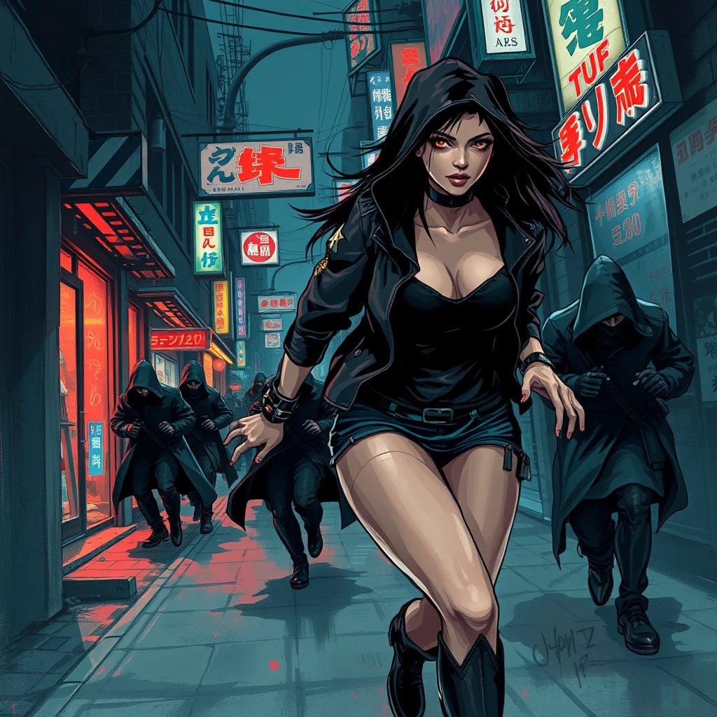 Beautiful alluring cyberpunk female running down a dark dystopian urban alleyway being chased by cyberpunk assassins in hooded cloaks, brushed stroke dark overwatch art style, grunge art style, overwatch style, street fighter style, Japanese shop signs, neon lights with realistic lighting, dark and gloomy, ink brush strokes style.