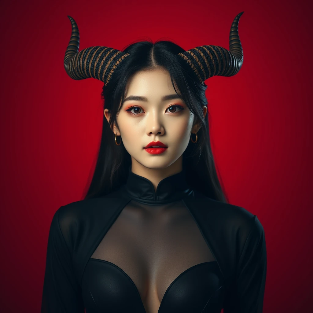 A beautiful Korean idol with horns and a beautiful face, in a black outfit in the style of James Jean, against a flat red background, with cinematic lighting, in a minimalistic design, with dark contrast. - Image