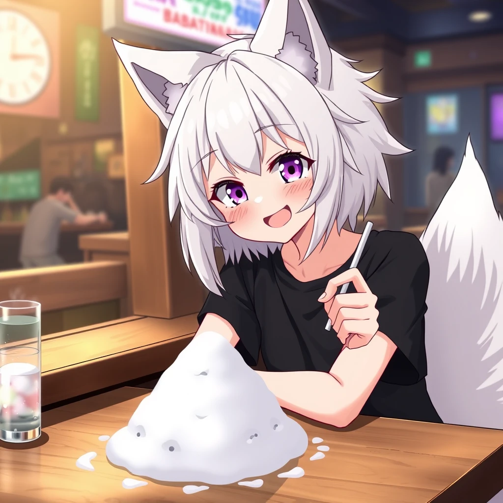 cute anime woman with fluffy wolf ears and a fluffy tail, white messy medium hair, purple eyes wearing a black t-shirt sitting at the table in a bar, on the table is one tiny mountain of snow, the girl looks with a big crazy smile at the snow and has a straw in her right hand. - Image