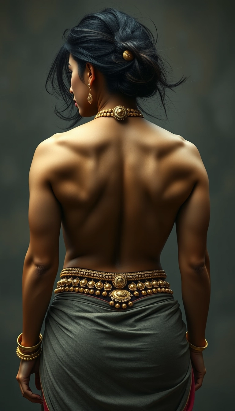 Unrealistically highly muscular back view of a woman with more Korean than Indian features, big build, hair spread out, wearing gold ornaments on her waist and neck. - Image