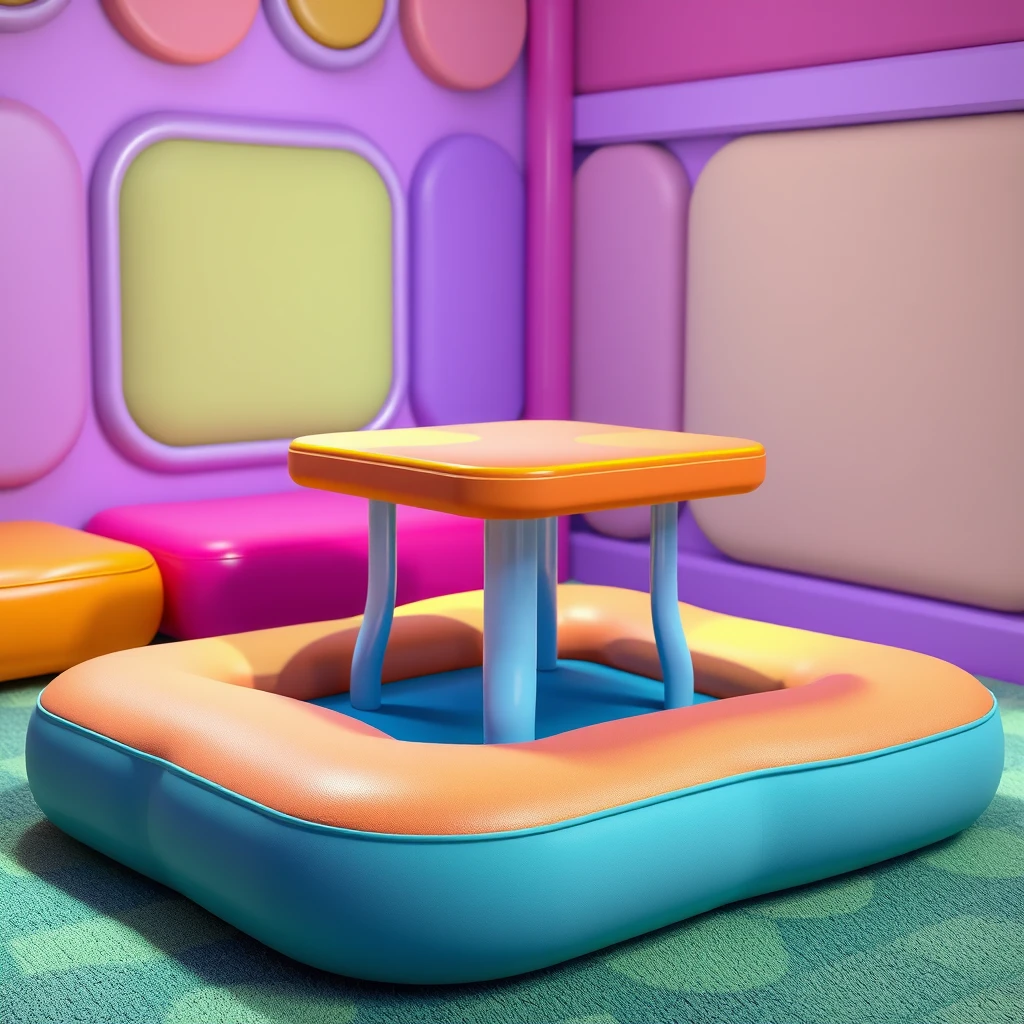 digital image of a playful and soft padded multicolor table, small table, square table, vibrant colors, The overall atmosphere should be fun, light-hearted, and engaging, suitable for a digital game environment - Image