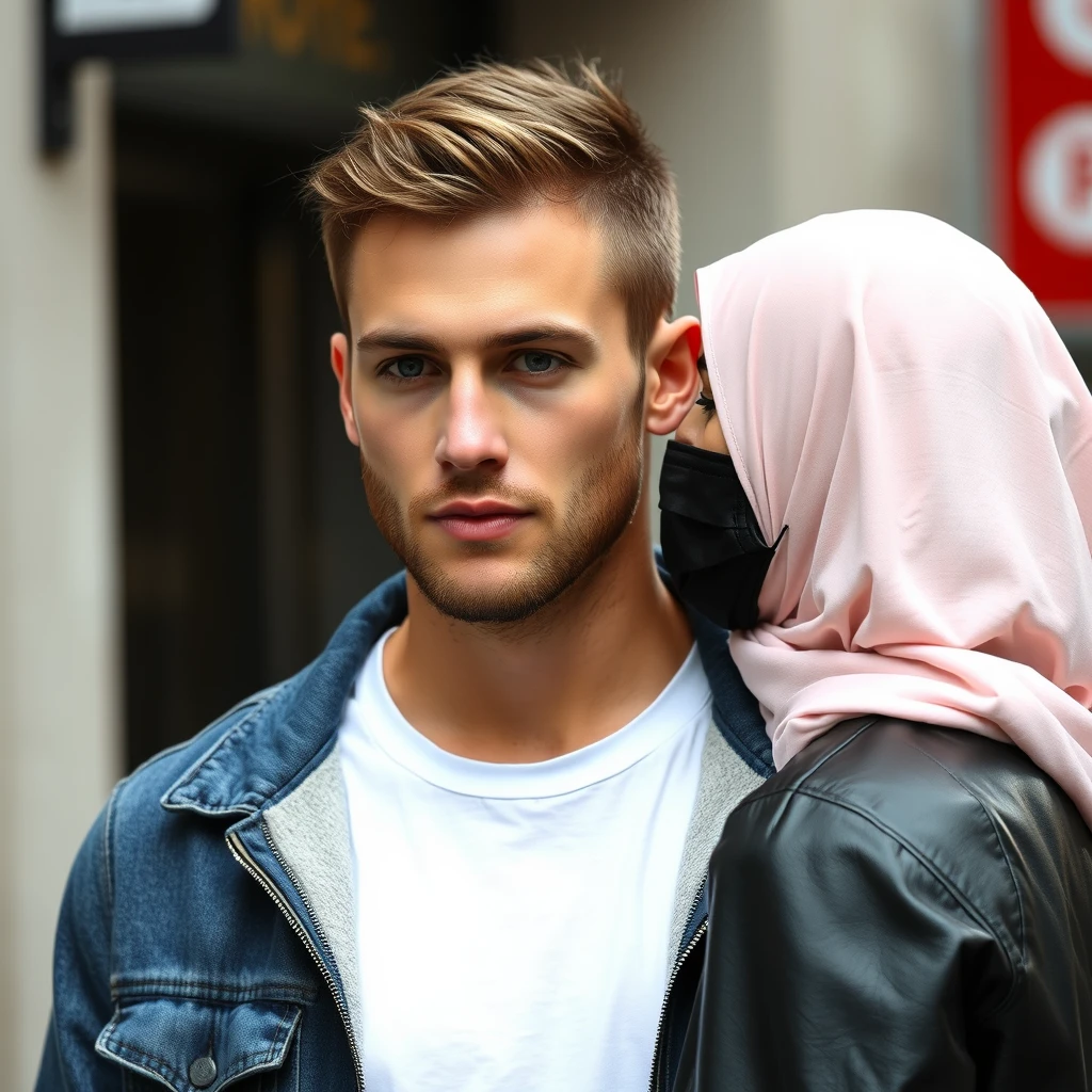 Jamie Dornan's face, hair, and body shot, handsome, young, shaved, white T-shirt, blue jacket jeans, dating love with the biggest soft pink hijab, black leather jacket, black face mask, biggest floral skirt, hyper realistic, street photography. - Image