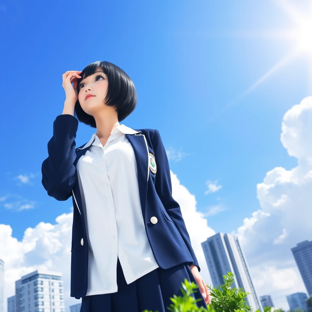 A Japanese high school girl with short black bob hair, wearing a traditional Japanese school uniform consisting of a white blouse, a navy blue skirt, and a navy blue blazer with a school emblem. She is standing outdoors under a bright blue sky with large, fluffy white clouds. The background includes a cityscape with modern high-rise buildings. The composition captures her from a low angle, emphasizing the vast sky and clouds behind her. The sun is visible in the upper left corner, creating a strong lens flare effect. The girl is looking up and slightly to the side with a serene expression. She is not holding anything above her head. The lighting is bright and creates high contrast, typical of a sunny summer day. Some green foliage is visible in the foreground, likely from trees or bushes. The overall scene has a crisp, clean aesthetic with vivid colors, capturing the essence of a bright, clear day in an urban environment.