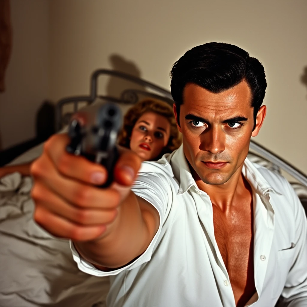 Noise shot of a handsome narrow-faced 1940s actor man with dark slicked-back hair wearing an open white shirt aiming a pistol at the viewer, behind him a pretty 1940s actress woman with an afraid face laying on a bed covered by nothing but white bedsheets, a shadow of a man's figure on the wall. - Image