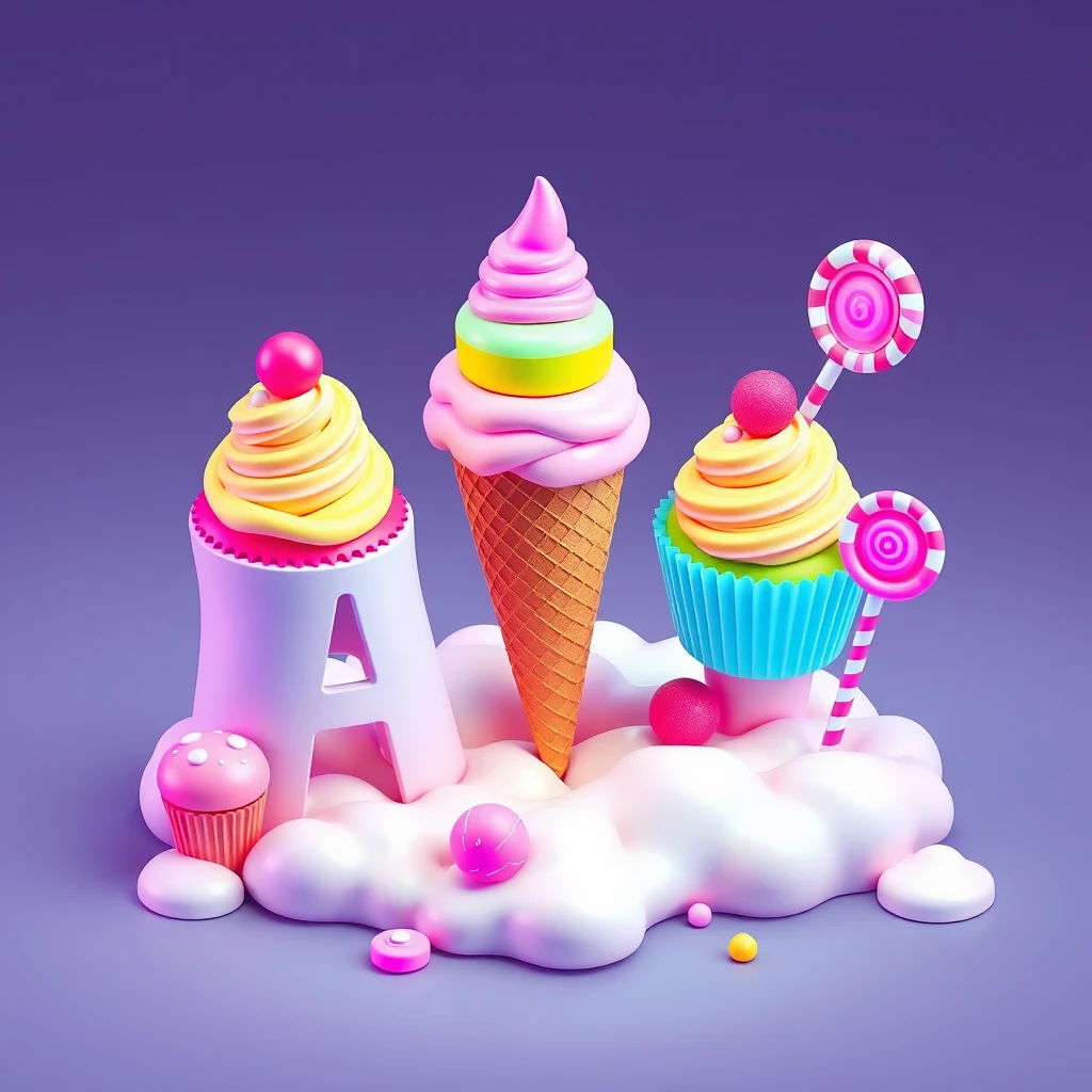 A 3D isometric letter "A" made from desserts. Includes cupcakes with neon frosting, ice cream cones, and lollipops. Surrounded by pastel candy clouds. Neon colors.