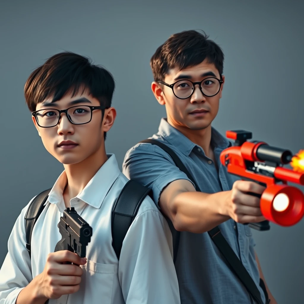 (white Chinese man, 21 years old, with square glasses and medium length hair holding a pistol); (20-year-old white Italian man with round prescription glasses and short hair holding a red flamethrower) - Image