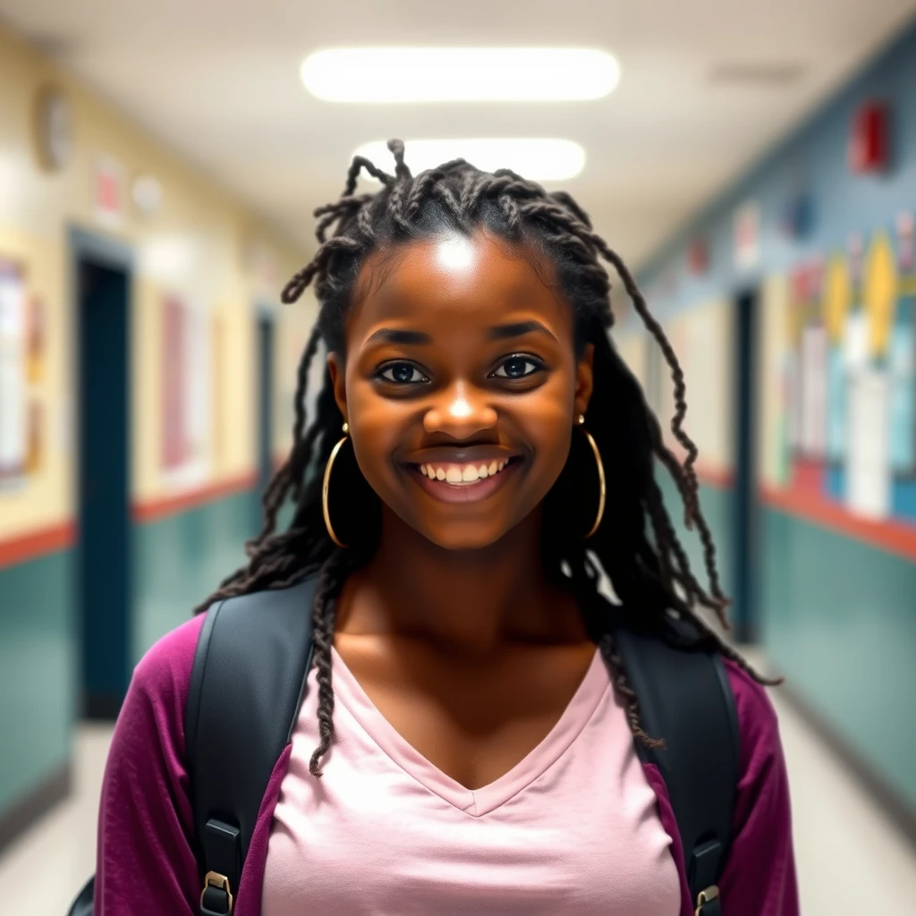 A beautiful African-American female student standing in a school hallway. - Image