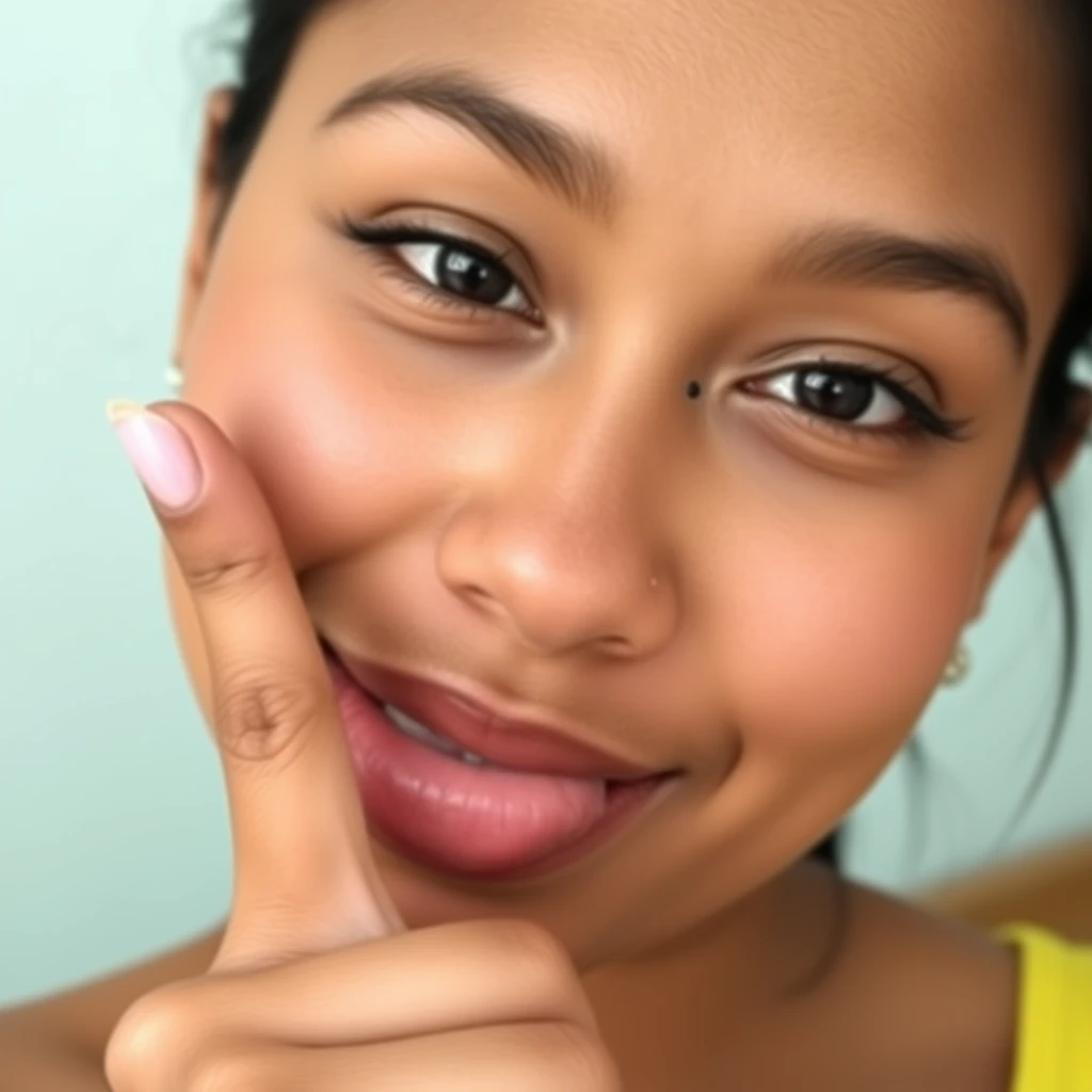 A beautiful 20-year-old sexy woman of South Asian descent has a slightly oily, chubby face with hyperpigmentation. Her brown skin is subtly uneven. She has a few tiny moles on her face, which are slightly larger than a dot, almost the size of a pencil eraser and circular. These moles are located near her nostrils, lips, chin, and a little above her eyebrows (the ones on her forehead are a bit larger). In this picture, she is pointing to a tiny, noticeable black dot near her lips and nostrils with her index finger, maintaining a neutral expression. She is not wearing any makeup, and her hair is tied back. She is smiling with her tongue out, winking as she points.