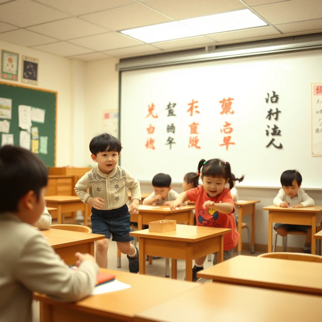 'In the classroom, during the break, there are little children chasing and playing in the classroom, with Chinese characters.' - Image