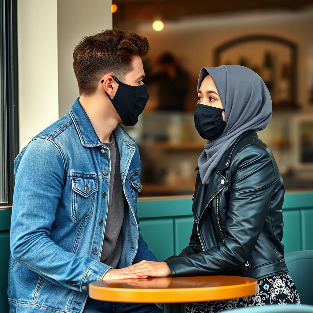 Jamie Dornan's head and body shot, handsome, black face mask, blue jeans jacket, jeans, dating a Muslim girl in a grey hijab, beautiful eyes, black face mask, black leather jacket, biggest pattern skirt, at a cafe, looking at each other, photorealistic.