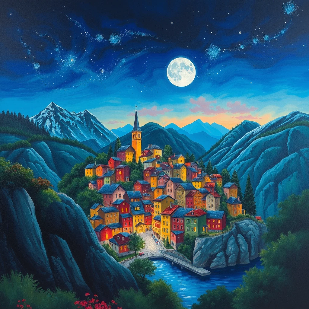 Painting of a beautiful colorful town between mountains at night.