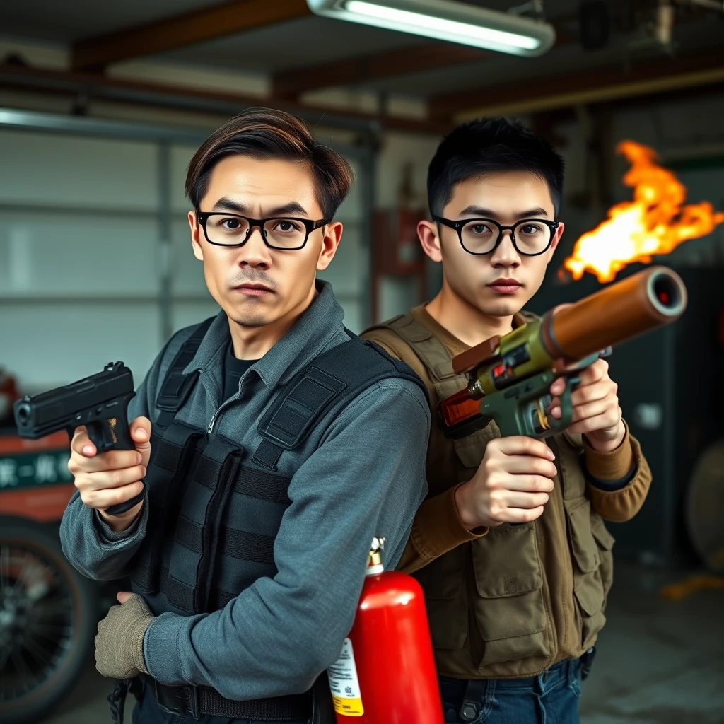 21 year old white thin long face young northern chinese man with square chin, wearing square glasses, holding pistol, "medium/long length hair"; 21 year old white italian/caucasian man wearing round glasses and short hair holding very large fire extinguisher flamethrower; garage setting; both angry and wearing a military vest. - Image