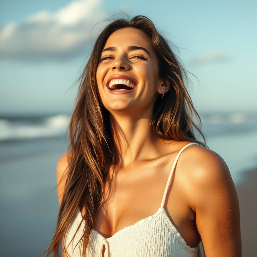 A beautiful woman laughing on the beach - Image