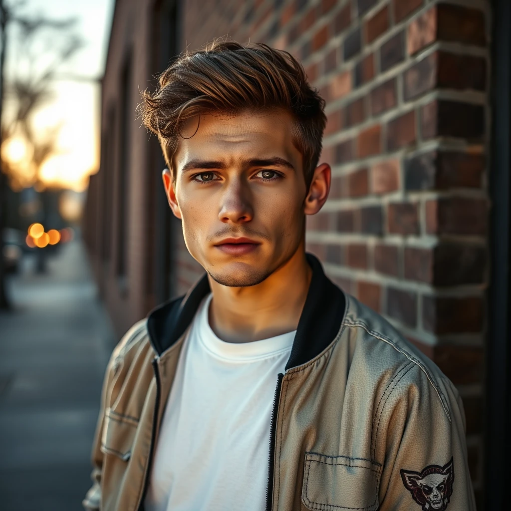 Freddie Prinze head and body shot, handsome, young, serious face, white T-shirt, collage jacket, jeans, sneakers, hyper-realistic, street photography, brick wall, full body photography, sunrise.