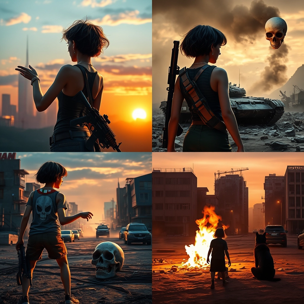 Photorealistic image divided into four panels, from left to right:
First panel: a young, beautiful woman with short, curly hair, dressed in cyberpunk clothes, dancing in front of a destroyed city at sunset; on the right side of the image is a destroyed and smoking tank, and on the ground is a human skull.
Second panel: the same girl, seen from behind, with a futuristic rifle on her shoulder, walking towards the same destroyed city with a big dog at her side; the dog has a collar with the Italian flag printed on it.
Third panel: the same girl and the same dog, seen from afar, from the front, entering a destroyed city square, where there are destroyed cars and a gigantic alien skull in the center.
Fourth panel: the same girl and the same dog, sitting in the center of the same square around a fire at night, with the same rifle between them.