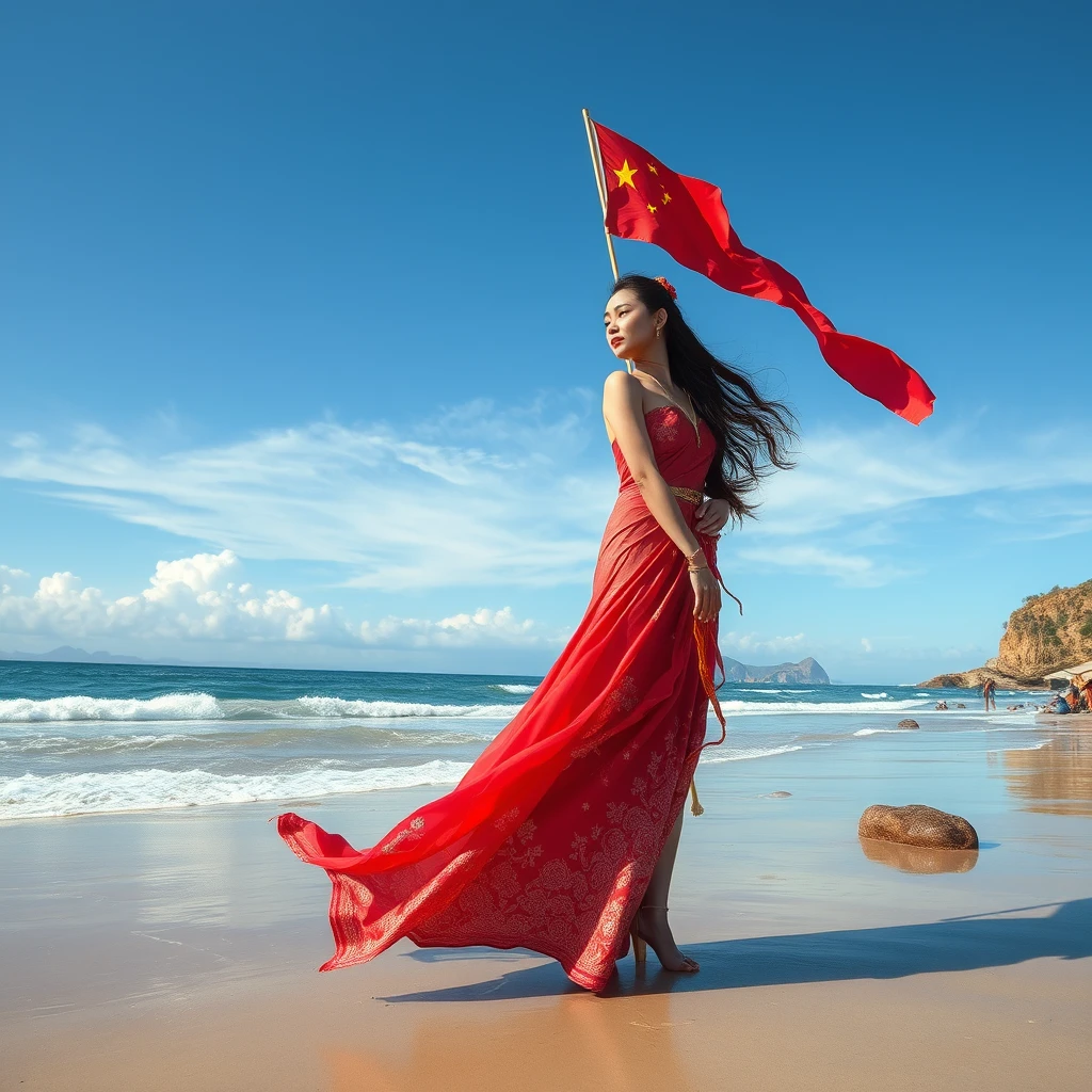 "A beautiful woman from the East on the beach, her entire figure can be seen, with flags, and ancient Chinese poetry."