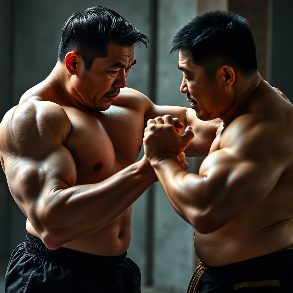 A muscular middle-aged Asian man is using his fist to punch the abdomen of an Asian strongman opposite him, his fist sinking deeply into his stomach, realistic, HD, 32k UHD, sweat. - Image