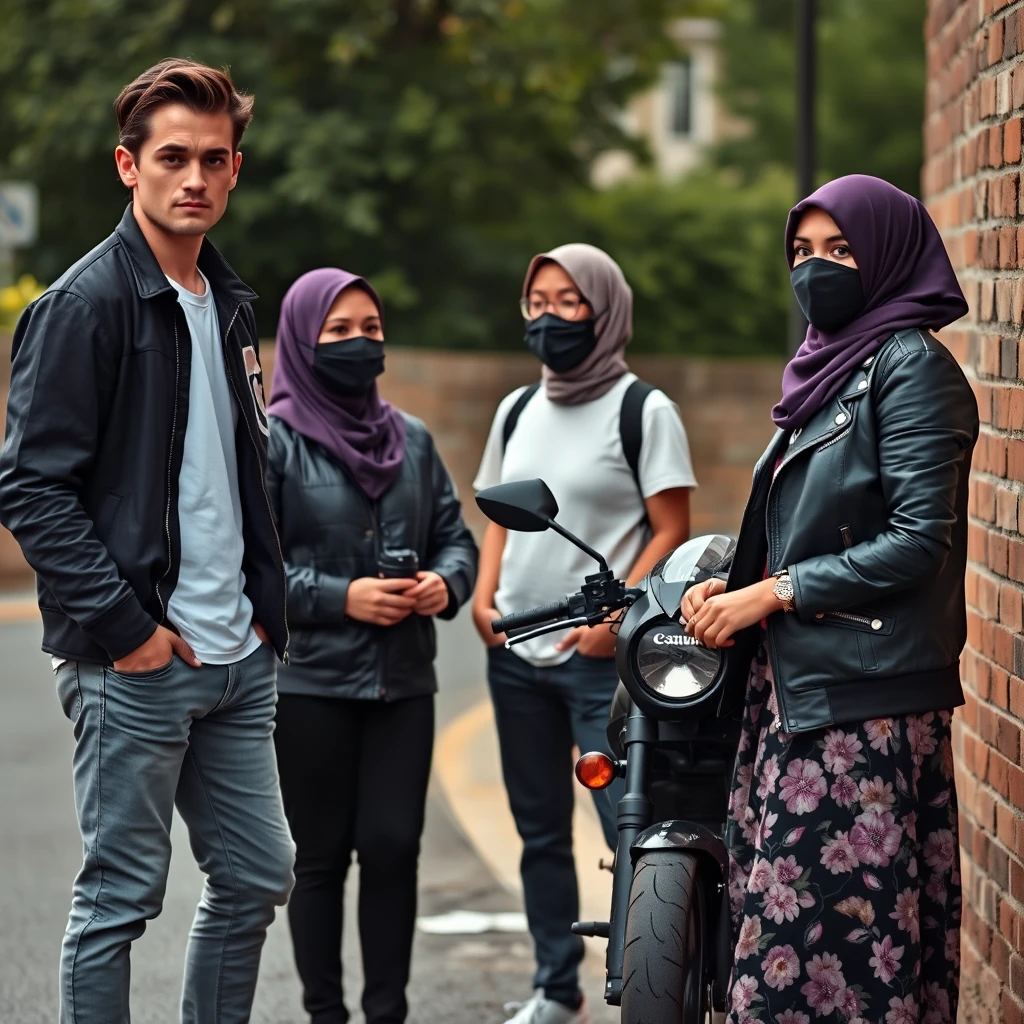 Jamie Dornan and Freddie Prinze, head and body shot, handsome, young, serious face, dark brown hair, white t-shirt, college jacket, skinny jeans, sneakers, standing, discussing with two guys and a Muslim girl with a short purple hijab, beautiful eyes, wearing a black face mask, black leather jacket, largest floral skirt, holding a Canon DSLR camera, near a town road, superbike, hyper-realistic, street photography, brick wall, full body photo.