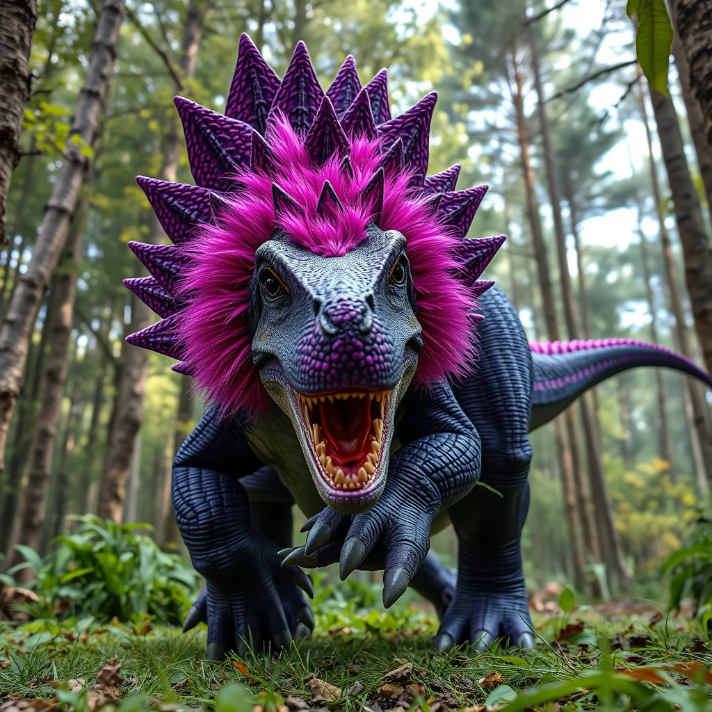 A hyper-realistic purple spiked dinosaur covered in a frill of pink feathers is roaming a lush forest. The view is from underneath the dinosaur, as if its foot is about to crush the camera.