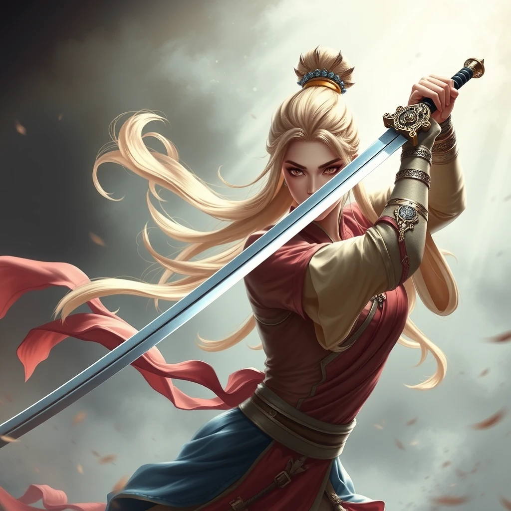 "Blonde Chinese beauty, wielding a great sword, slays enemies." - Image