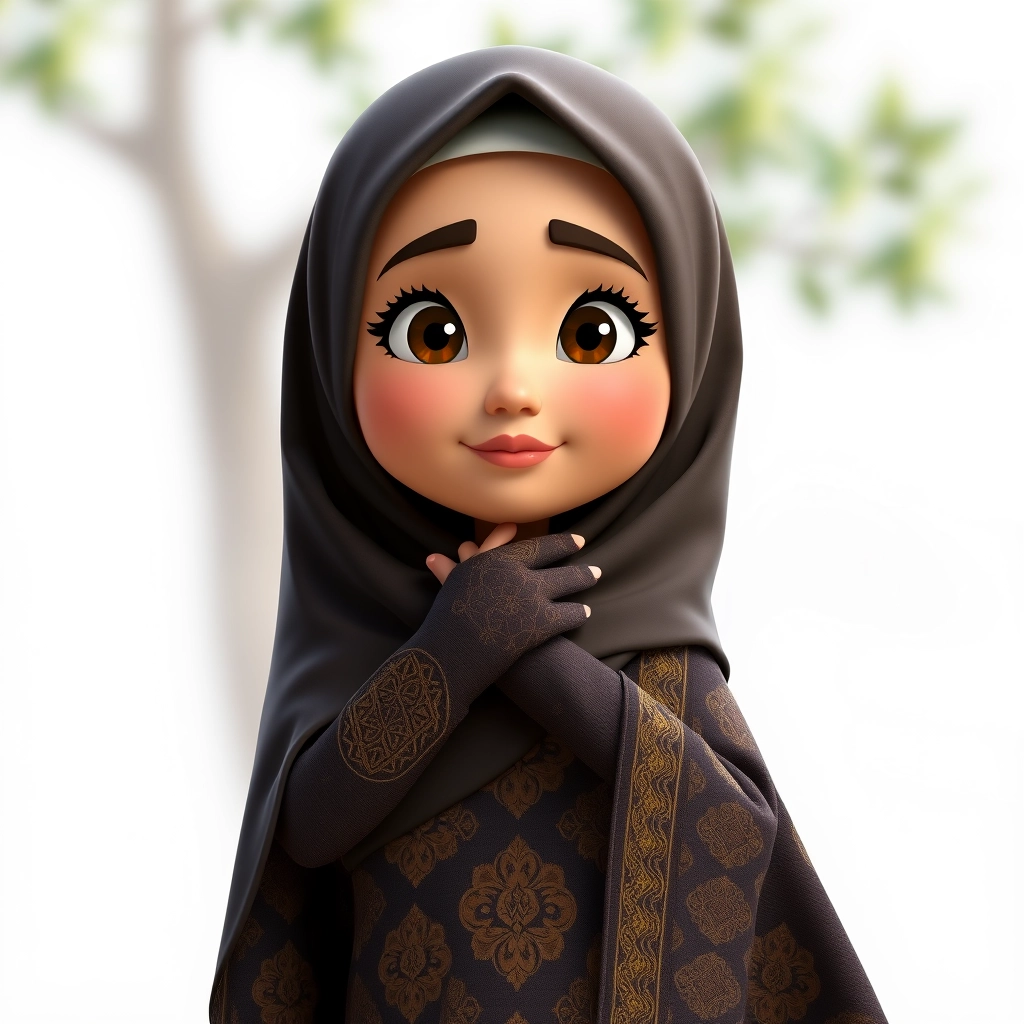 A 3D, 8k animated cartoon depiction of a Muslim woman from Palembang, wearing a traditional long songket and a long gown (gamis). She is adorned with a hijab that covers her chest and wears batik gloves covering her hands.