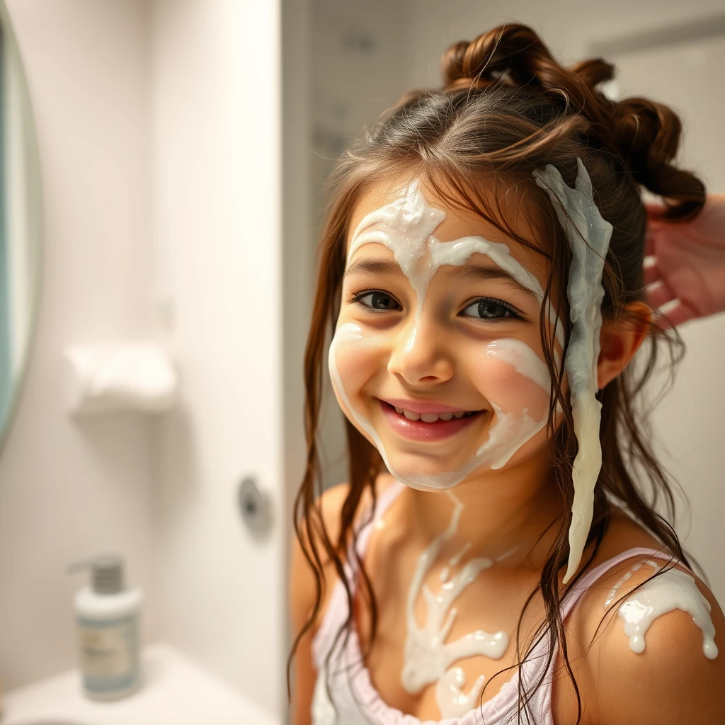 A girl smiles sheepishly in the family bathroom after her brother accidentally spurts translucent skincare goo all over her face and hair.