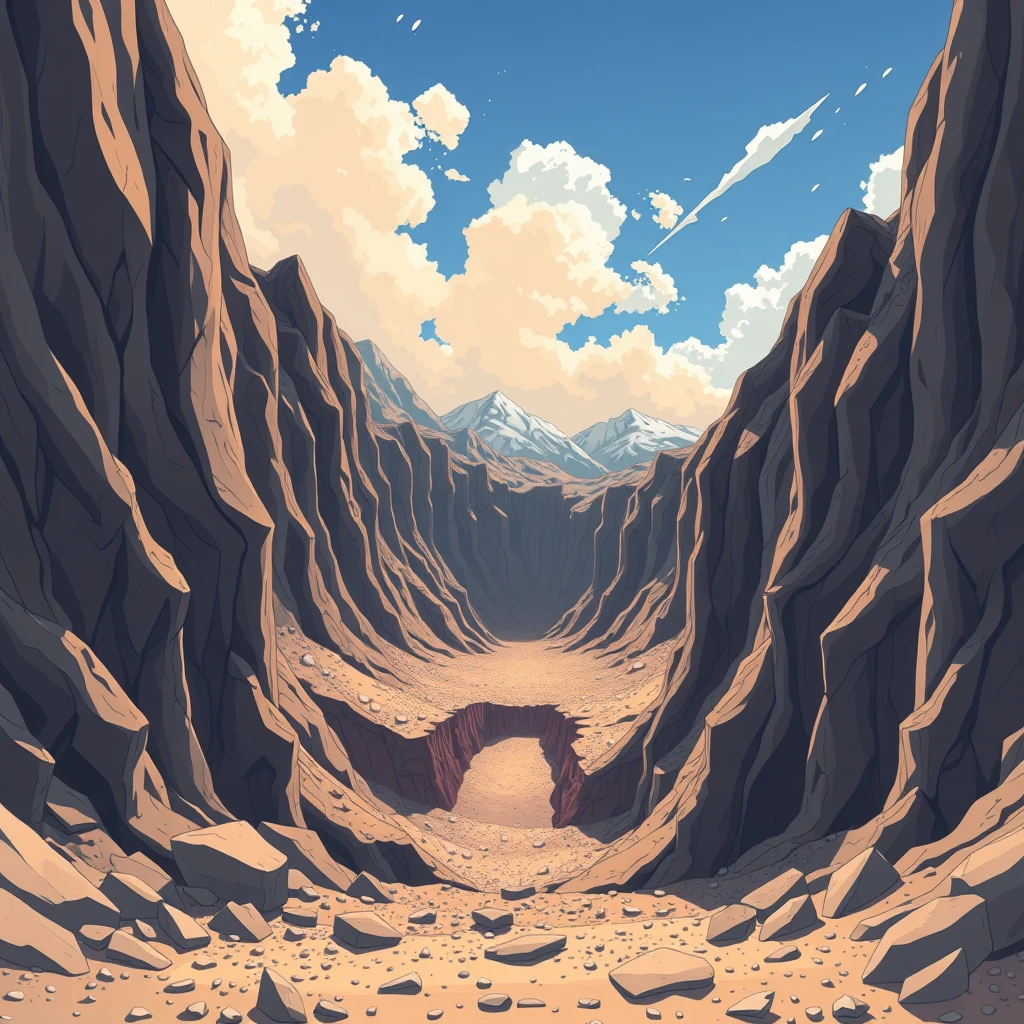 Cartoon style, minimalism, Japanese animation, high-definition 4k, rich details, pits, holes, earthquakes, ground fissures, landslides, the end of the world, natural disasters, mountains, gravel, mountains blown to pieces, looking down.