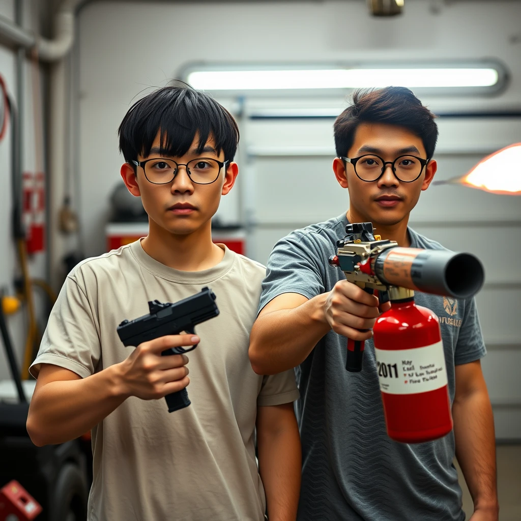 21-year-old white thin-bodied northern Chinese man wearing square glasses, with mid/long fringe black hair, holding a Glock; 21-year-old white Brazilian-Italian mixed man wearing round glasses and brown short hair holding a very large fire extinguisher flamethrower, in a garage setting. - Image