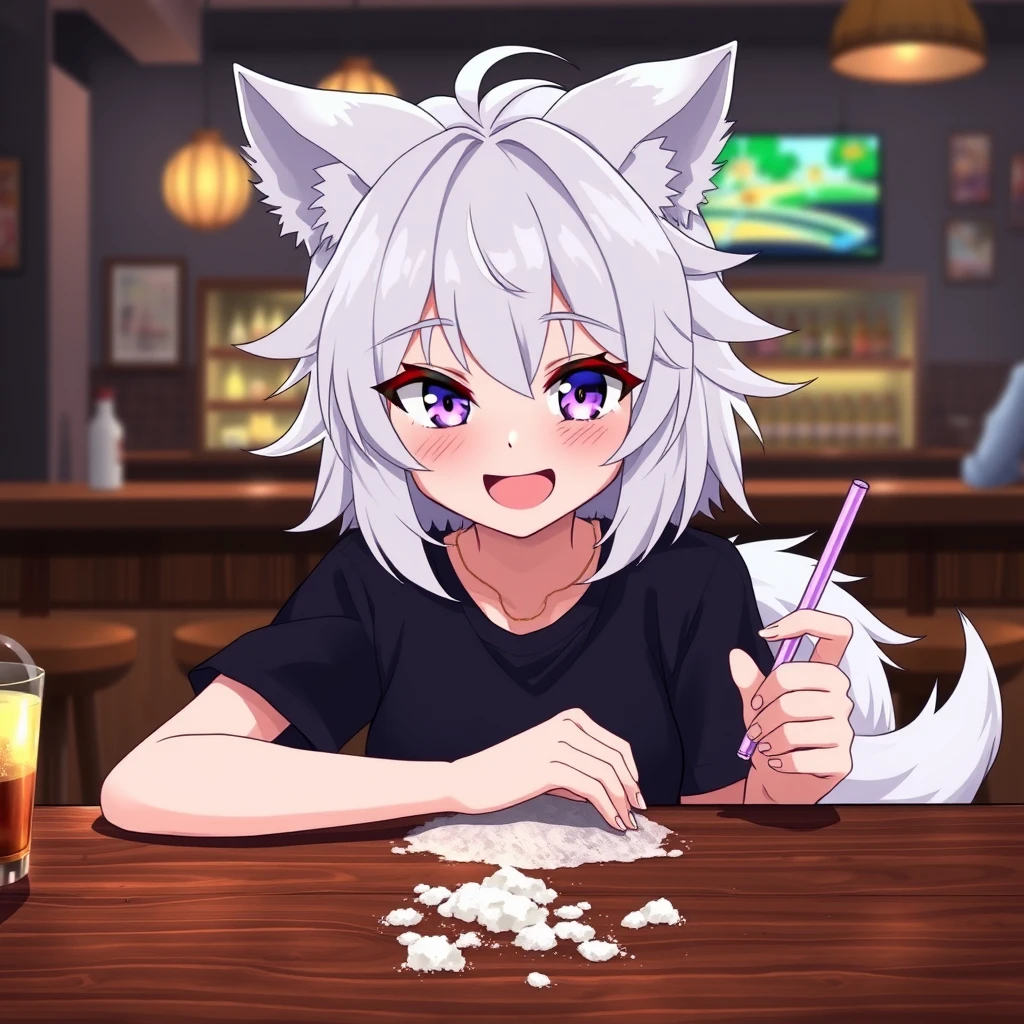 Anime woman with fluffy wolf ears and a fluffy tail, white messy medium hair, purple eyes, wearing a black t-shirt, sitting at the table in a bar. On the table is a little bit of flour. The girl looks with a big crazy smile at the flour and has a straw in her right hand.