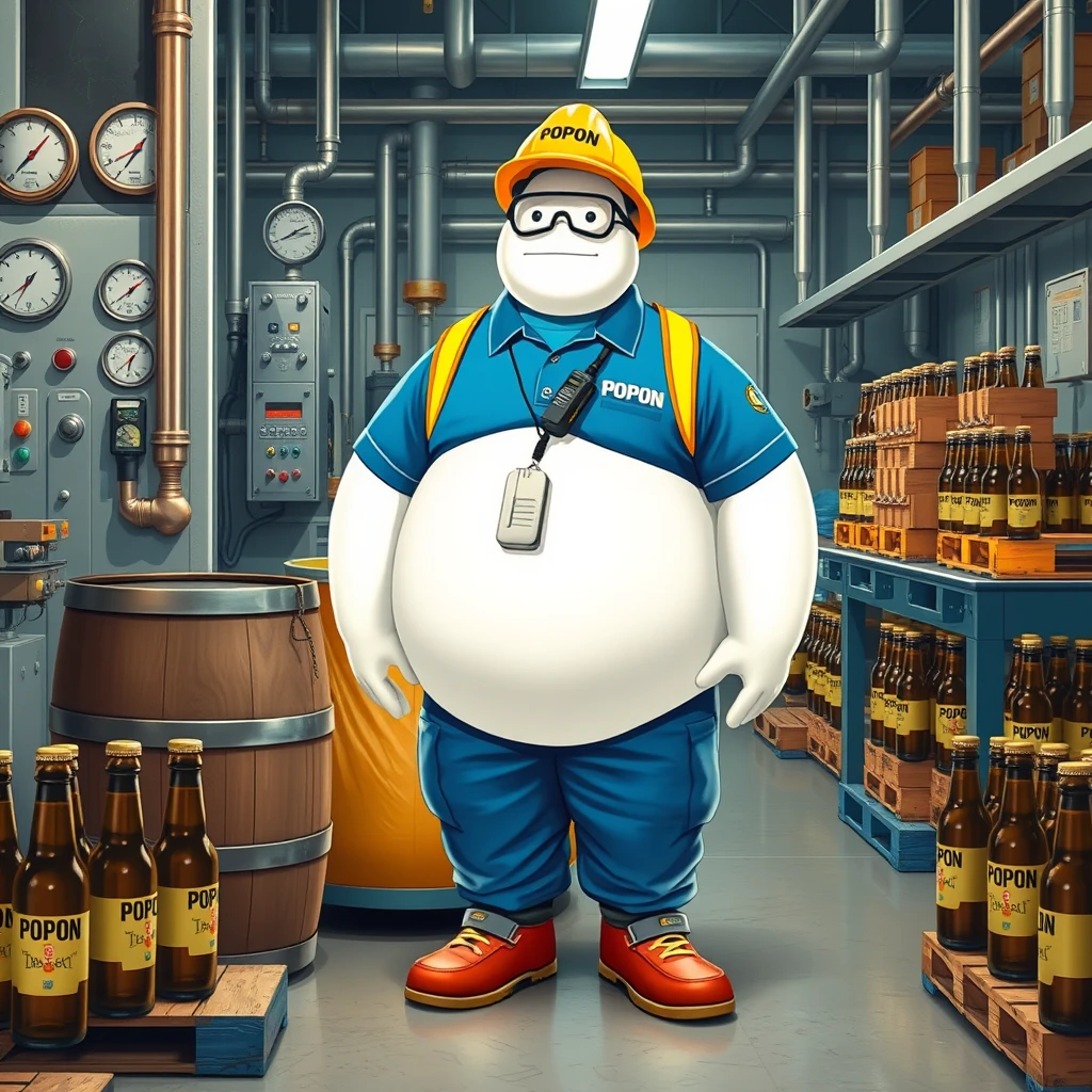 Baymax in a beer bottling plant surrounded by machinery, a barrel, gauges, measuring instruments, pallets, bottles of beer, wearing a blue polo uniform that covers his entire torso, safety elements, a reflective vest, safety shoes, a walkie-talkie, protective glasses, blue cargo pants, and a yellow helmet with the word POPON written on it. The clothing has POPON written on it.