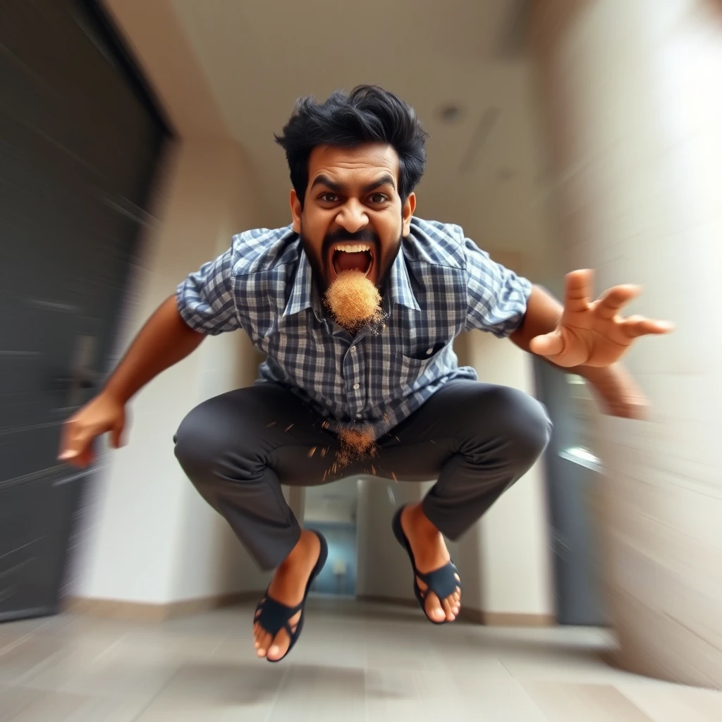 Indian man flying away at high speed, 20 meters high, in a squat pose, farting a high-pressure stream of brown liquid, low-quality CCTV footage, angrily screaming at the camera, bulging eyes, front view, radial blur.