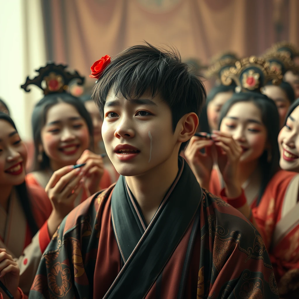 A girly young man is forced to dress up as an oiran, streaming tears and sobbing, surrounded by many smiling oirans who are applying makeup on him; the boy is magically transforming into a girl. - Image