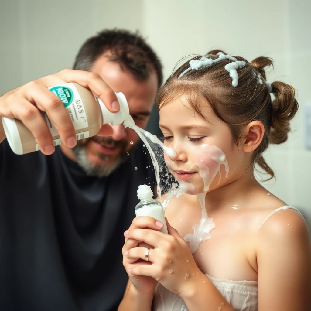 A dad squirts gooey shampoo on his daughter's face as she washes her hair.