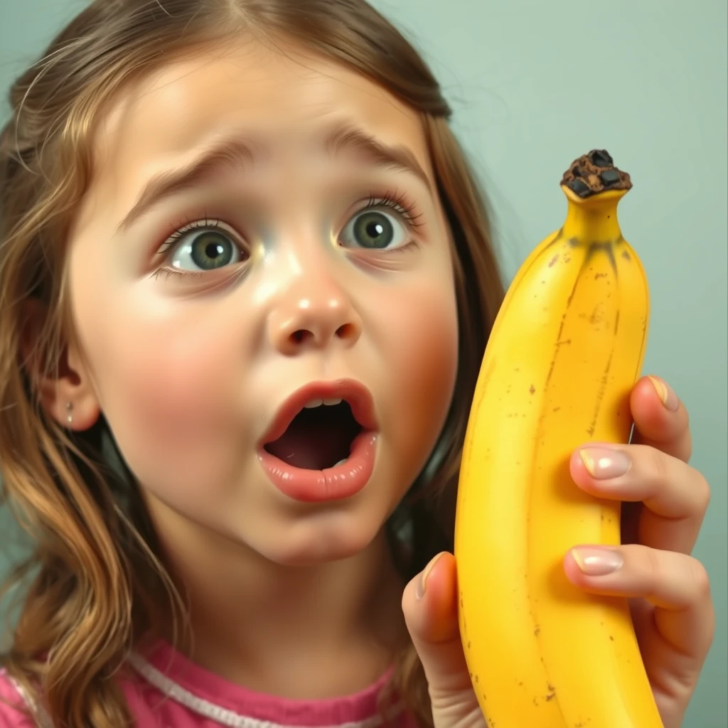 A girl with a banana and she is stunned, widening her mouth.