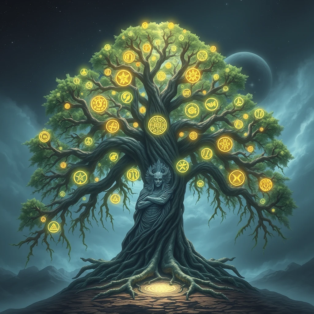 A god of magic, he is symbolized by an arcane tree. A towering, ancient tree with branches that stretch into the sky. The leaves glow with magical symbols, and its roots pulse with arcane energy, spreading magic through the earth.

A spiritual body made of its branches can be manifested. - Image