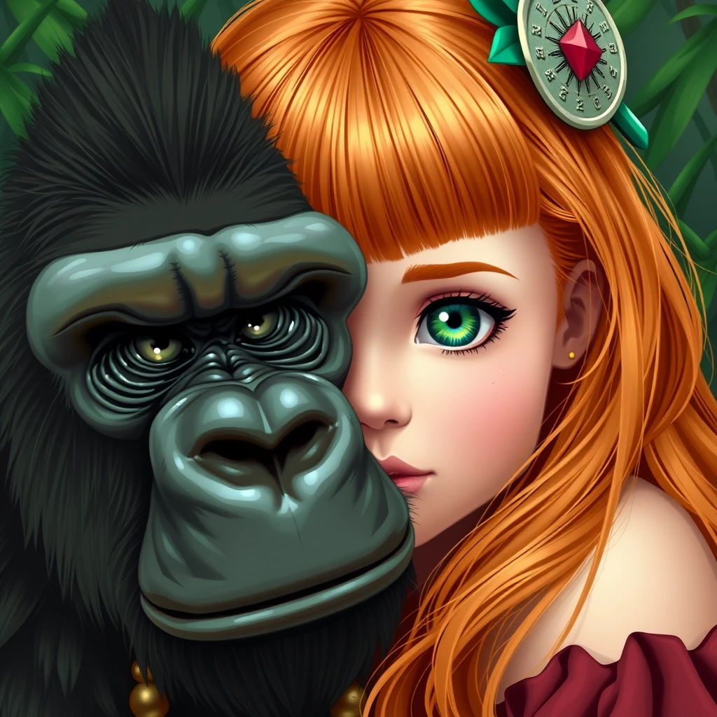 A cute ginger Russian girl with green eyes and bangs, a gorilla king with an Argentine theme.