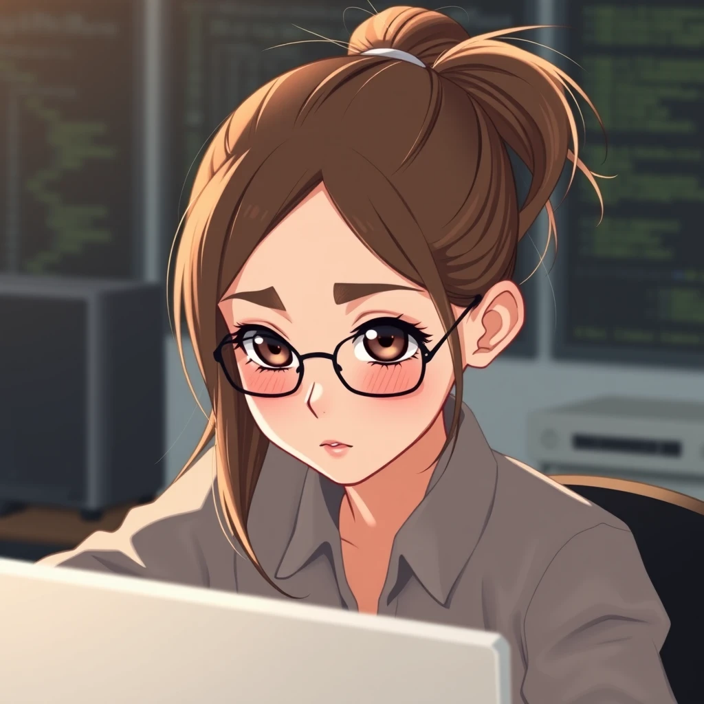 A female programmer working overtime, with a ponytail, melon seed face, high nose bridge, big eyes, and double eyelids.