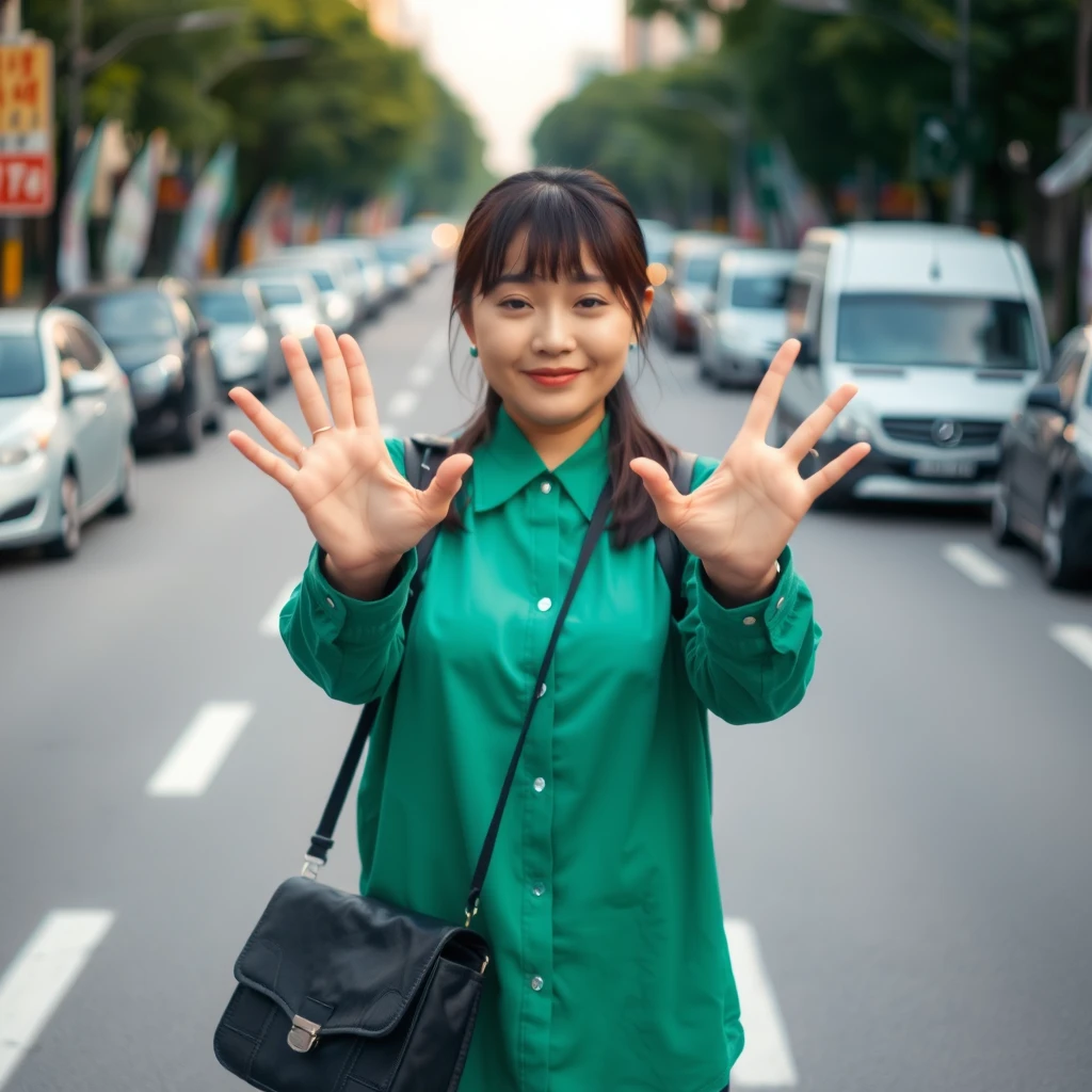 Asian woman holding hands out in the middle of the street.