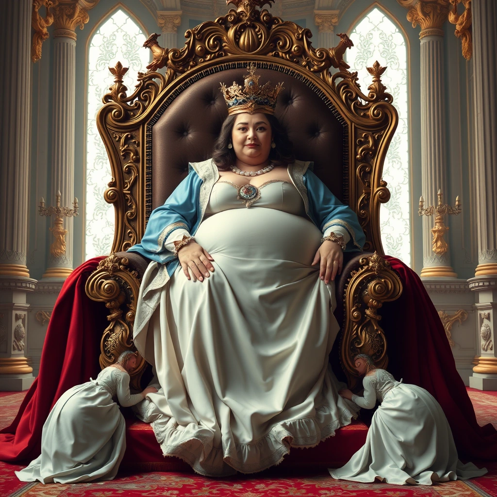 The incredibly obese beautiful queen sits on an exquisitely luxurious throne, which is carried by four palace maids crawling.