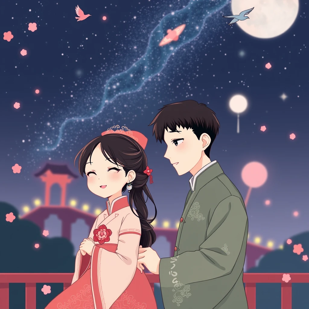 Love, Characters (a man and a girl, wearing traditional Chinese clothing) + Scene Elements (Magpie Bridge, Milky Way, stars) + Background (deep night sky) + Colors (soft pinks, purples, blues) + Chinese Style.