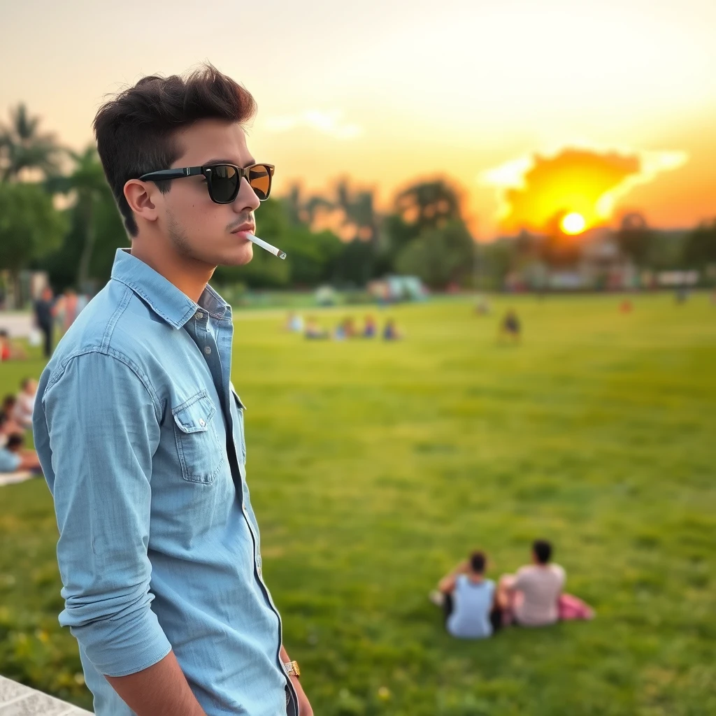 A young man, wearing a light blue denim shirt, stood by a large lawn. He wore a pair of black-framed sunglasses and had a slender build, about 1.75 meters tall and weighing 75 kilograms. He was leaning sideways with a cigarette in one hand, as if he was deep in thought about something. In the background is a sunset like a burning cloud, and many people can be seen sitting in twos and threes on the lawn. The whole atmosphere of the picture is very relaxing and leisurely.