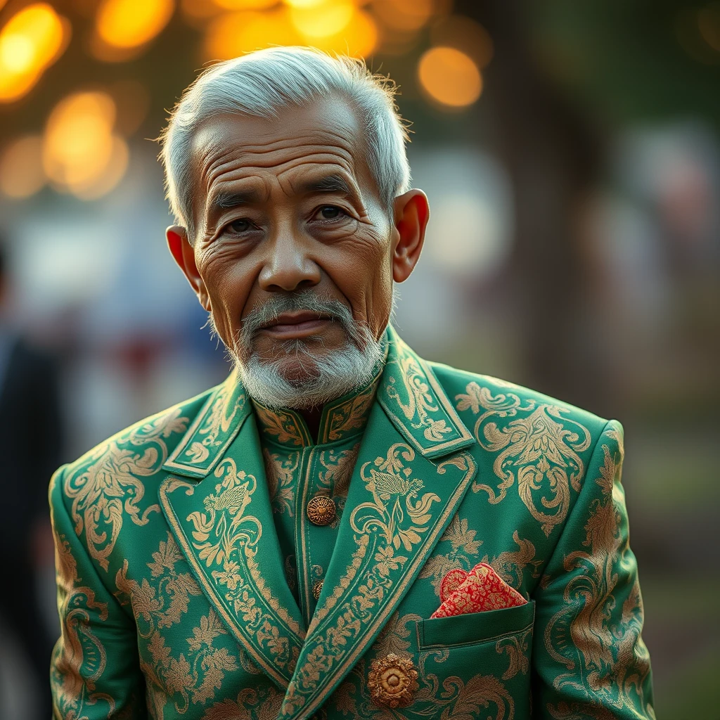 An old Malay man wearing a green and gold suit with intricate details, bokeh, during the golden hour.