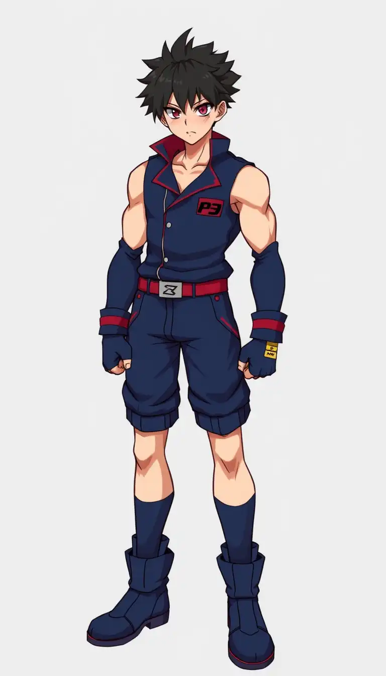 A full-body portrait of Batsu Ichimonji from Rival Schools. He has a muscular build with short black hair and a determined expression. He wears a blue school uniform with red accents, including gloves and boots. His right fist is clenched, and his left arm hangs naturally at his side. - Image